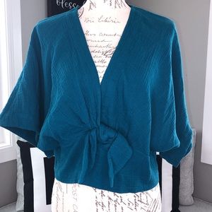 Anthropologie Flores’s Teal Front Tie Kimono Top